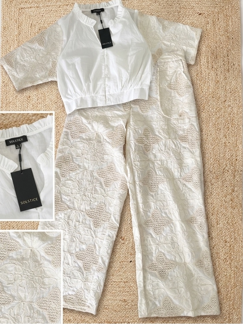 Solitaire 2 Piece Set Embroidered Crochet NWT L/XL